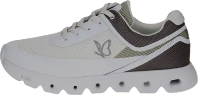 A side view of a white sneaker with gray and green accents.