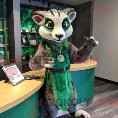 Productafbeelding van Mascottekarakter REDBROKOLY van een groene civet gekleed met een rok en stropdassen