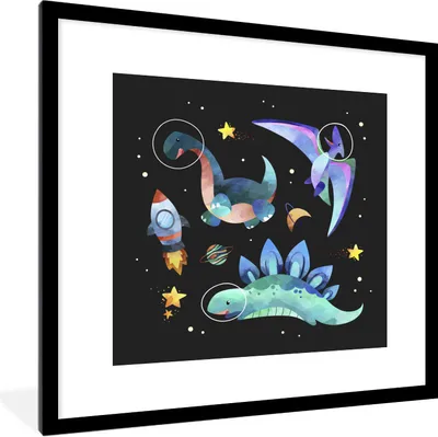 Produktbild von MuchoWow® Gerahmtes Poster Dinosaurier - Rakete - Kinder - Mädchen - Junge - Kinder - Kinder 40x40 cm - Poster mit Schwarzem Bilderrahmen Wandposter Rahmen Foto Bilder - Poster - Plakat im Rahmen