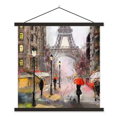 Produktbild von MuchoWow® Textilposter Gemälde - Paris - Eiffelturm - Regenschirm - Ölgemälde 120x120 cm mit schwarzem Rahmen - Aufhängungsset