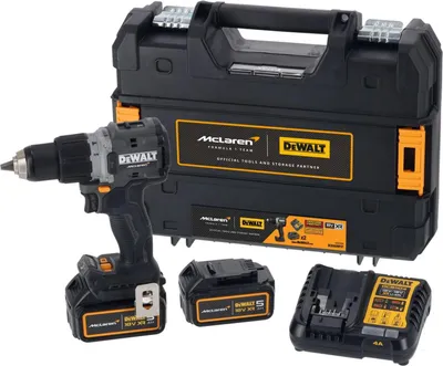 A DeWalt cordless drill kit with accessories and a storage case, presented on a black background.