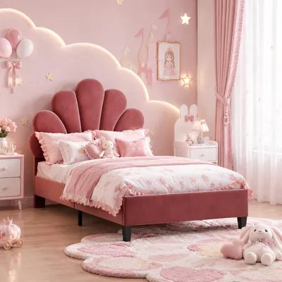 Produktbild von INONEFT Kinderbett 90x200cm mit Kopfteil in Blütenform, Polsterbett mit Lattenrost, prinzessin bett, Einzelbett, Mädchenbett, Jugendbett,Sam,Bohnenrot