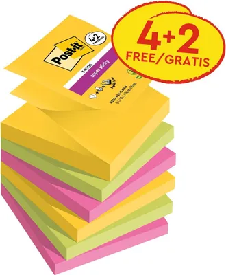 Produktbild von Post-it Super Sticky – Super Sticky Z-Notes Karneval, 90 Blatt, 76 x 76 mm, 4 + 2 GRATIS