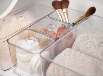 Produktbild von 12x Badezimmer Organizer 5er Set mit Deckel – stabile Aufbewahrungsboxen aus Kunststoff für Kosmetik Schmuck und Badzubehör, stapelbar und pflegeleicht
