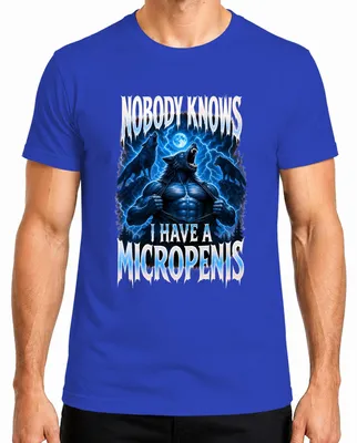 Immagine prodotto di T-shirt blu da uomo con scritta "Nessuno sa che ho un micropene", "Lupo mannaro", "Lupo", con tono sarcastico, taglia M