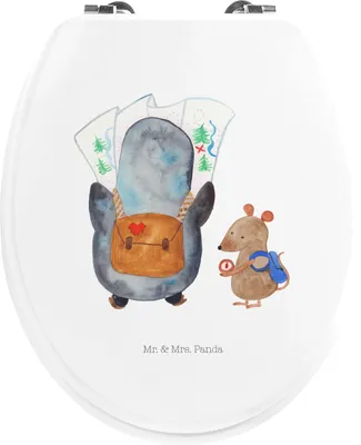 Produktbild von Mr. & Mrs. Panda Klodeckel Pinguin & Maus Wanderer - Weiß - Geschenk, WC-Sitz, Klobrille, Toilettendeckel, Roadtrip, Abenteuer, Wandern, WC Brille, Sitz