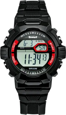 A digital watch with a black strap and bezel, featuring a red accent around the screen.