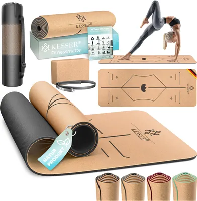 Produktbild von KESSER® Yogamatte Kork Inkl. Tragegurt Tasche & Yoga-Block Gymnastikmatte Yoga Matte rutschfest aus Naturkautschuk TPE Fitnessmatte, 183 x 62 Trainingsmatte für Fitness Sportmatte, Gymnastik extradick