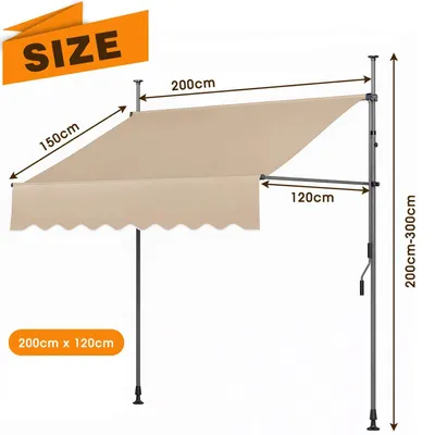 Obrázok produktu pre Markíza na terasu a balkón – výsuvná – 200 x 120 cm – ručná kľuka – polyester sPolyuretánpovrchovou úpravou, 180 g/m² – hliníkový rám – khaki