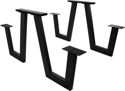 Four black metal table legs with a W-shape design are arranged on a white background.