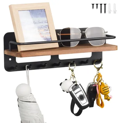 Image de Porte-clés en bois avec tablette et 7 crochets, décoration pour le couloir, l'entrée, le salon ou la chambre (noir)
