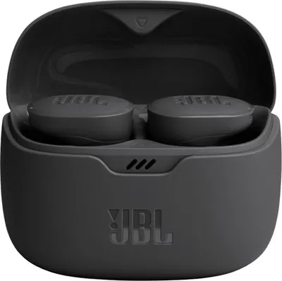 A pair of black JBL Tune Buds wireless earbuds are shown inside their charging case, with the lid open.