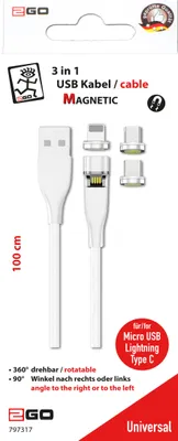 Immagine prodotto di 2GO USB 3in1 Magnetic Kabel drehb.Micro-USB,Lightn.,USB-C 1m