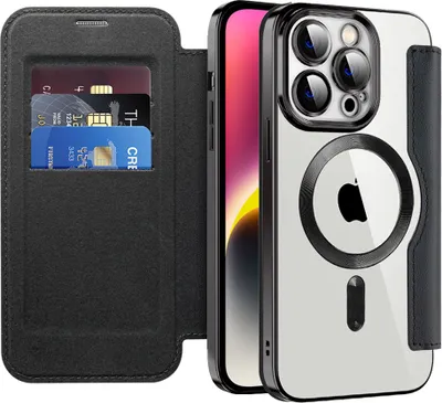 Image de Étui compatible MagSafe pour iPhone 14 Pro, étui transparent avec porte-cartes, étui en cuir avec protection de l'appareil photo noir