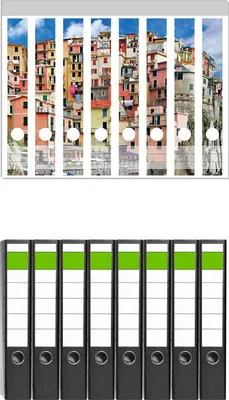 Produktbild von Wallario 8 Stück schmale Ordner inkl. Klebeetiketten mit Motive Bunter Hafen in Italien -  Set mit Rückenschildern / Ordnerrücken Stickern