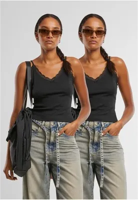 Produktbild von Damen-Top Urban Classics, V-Ausschnitt, Spitzenoberteil, 2er-Pack, schwarz + schwarz - Größe 4XL