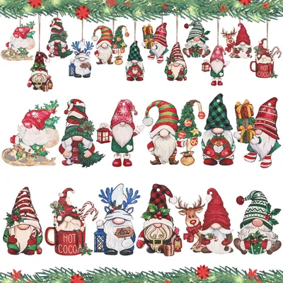 24 Holz-Weihnachtsanhänger, 7-8 cm, 12 Motive, mit Kordel