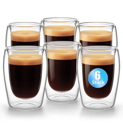 Produktbild von BigDean 6 Stück doppelwandige Espressotassen 80 ml in Gastro-Qualität - Espressotassen Set in Geschenkverpackung
