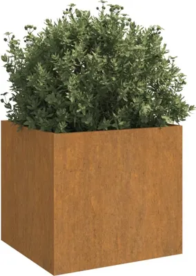 A square planter made of corten steel filled with a lush green plant.