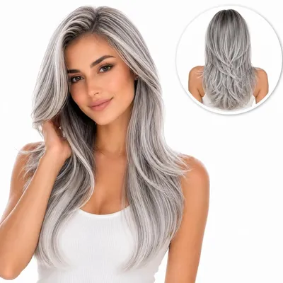 Produktbild von SassyGoods® graue Perücke – Damenperücke mit langem Haar – Lace Wig – Waschbar – Verstellbar – Grau – 50 cm