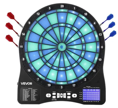 Zdjęcie produktu dla Elektroniczna tarcza do rzutek VEVOR z oświetleniem LED, 48 gier i 500 wariantów, w tym 6 lotek z lotkami i 50 zapasowych końcówek do rzutek, wyświetlacz LCD z wynikiem krykieta, dla 8 graczy