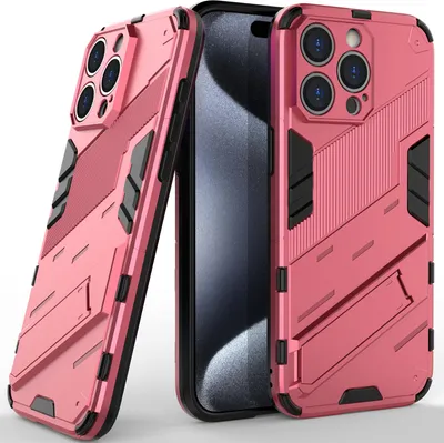 Produktbild von Armor Hülle für iPhone 15 Pro, Hybrid PC TPU Bumper Stoßfestes Schutzhülle mit Standfunktion Rosa