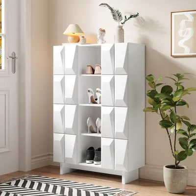 Produktbild von STILVORA Schuhschrank mit 12 Fächern, Hochschrank mit 4 Türen und offenen Fächern,Vitrine mit Relief