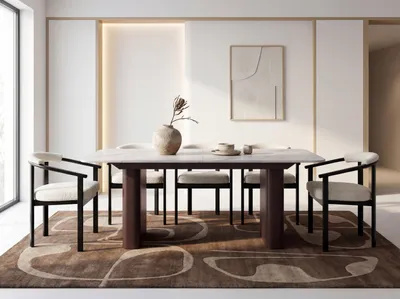 Produktbild von Ausziehbarer Rechteckiger Esstisch – XXL Modernes Design mit Braunem Metallgestell – für 10-14 Personen, 200 x 90 / 300 cm – Marmor Weiß