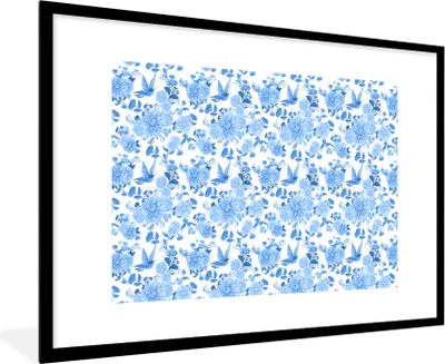 Produktbild von MuchoWow® Gerahmtes Poster Blumen - Muster - Blau 90x60 cm - Poster mit Schwarzem Bilderrahmen Wandposter Rahmen Foto Bilder - Wanddekoration - Fotos