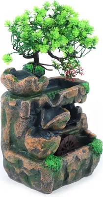 Produktbild von Harz Desktop Springbrunnen Feng Shui Tischbrunnen Zimmerbrunnen LED Beleuchtung Grüne Pflanze