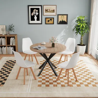 Immagine prodotto di Set da pranzo composto da tavolo rotondo e 4 sedie, colore marrone chiaro/bianco, dimensioni 100x100x75 cm