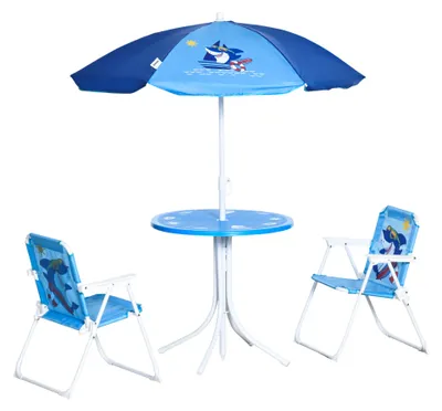 Productafbeelding van Outsunny kinderset, 4-delig, voor de tuin: 2 inklapbare stoelen, zonnescherm, blauw