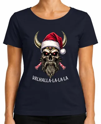 Produktbild von Valhalla La La La Wikinger Totenkopf Santa Metal Bart Viking Skull Damen T-Shirt, Navy, M