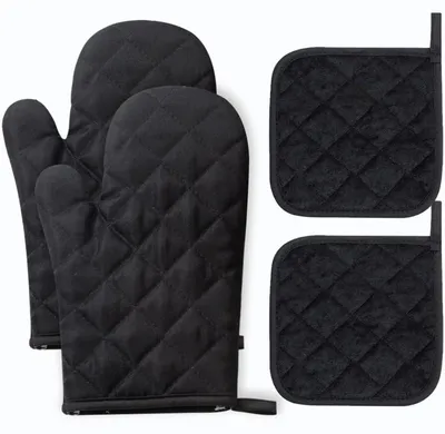 Immagine prodotto di Guanti da forno e presine, set da 4 pezzi, resistenti al calore fino a 230°C, antiscivolo, colore nero