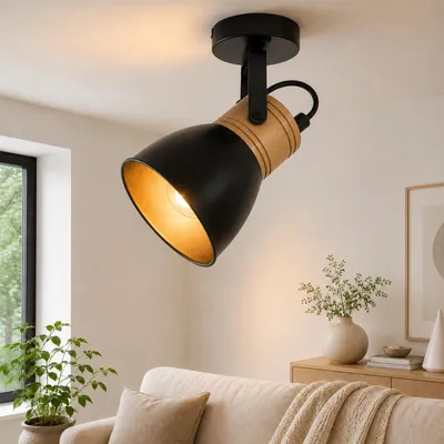 Immagine prodotto di ZMH Lampada da soffitto a una luce, colore nero, attacco E14, stile vintage, ideale per corridoi. Lampada da cucina, metallo e legno, stile industriale. Faretti da soffitto. Lampada da parete per corridoi