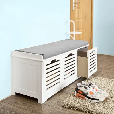 Produktbild von SoBuy moderne Schuhtruhe,Sitzkommode mit 3 Körben,Sitzbank, Schuhschrank mit Sitzkissen, FSR23-W