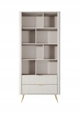 Produktbild von Regal, Vitrine LANTE 90 – Beige, 2 gerillte Schubladen, goldene Griffe und Beine