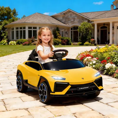 Zdjęcie produktu dla Elektryczny samochód dla dzieci Lamborghini z licencją, samochód dla dzieci 12 V z pilotem, pojazd elektryczny, kolor żółty | 101,5 x 49 x 43 cm | 2 silniki | funkcja łagodnego rozruchu
