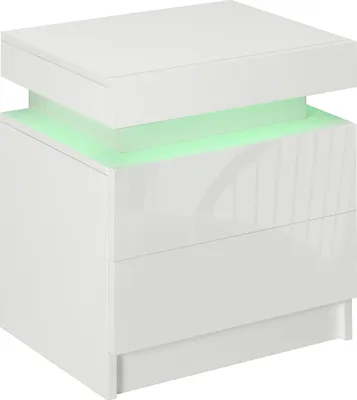 Imagen del producto de Mesita de Noche Blanca con Luz LED Mesilla de Noche Frontal de Alto Brillo con 2 Cajones y Mando a Distancia 45x35x52 cm