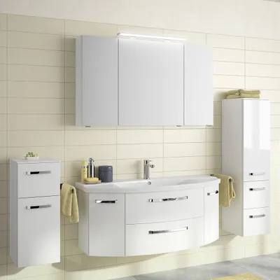 Produktbild von Badmöbel-Set FES-4010-66 in weiß glänzend Unterschrank mit gerundeter Front, Spiegelschrank mit LED - B/H/T: 211x200x48cm