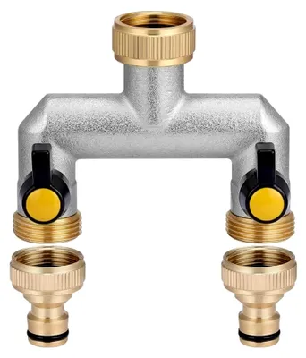Produktbild von 2-Wege Wasserhahnverteiler mit 3/4 Zoll Wasseranschluss für Gartenschläuche, Messing Wasseranschlussverteiler mit 2 leckagefreien Kugelhähnen