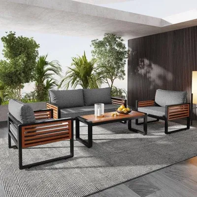 Image de Salon de jardin, ensemble de mobilier de jardin avec structure en acier estampé, grand ensemble, coin repas 4 places, 1 banc 2 places, 2 chaises, 1 table, gris
