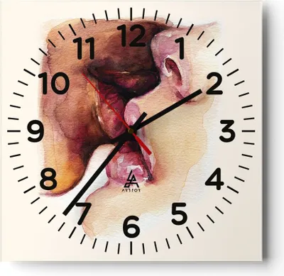 Produktbild von Wanduhr - Quadrat - Glasuhr - Kuss Mund Paar - 30x30cm - Schleichendes Uhrwerk - Lautlos - zum Aufhängen bereit - Dekoration Modern - Wanddekoration aus Glas - C4AC30x30-5051