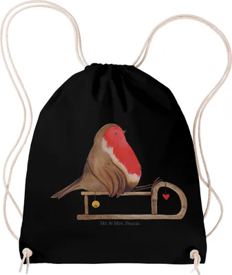 Produktbild von Mr. & Mrs. Panda Stoffbeutel Rotkehlchen Schlitten - Schwarz - Geschenk, Jutebeutel, gym tasche, Vogel, Baumwolltasche, Weihnachten, wander rucksack, sporttasche klein