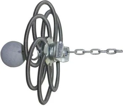 A close-up of a chimney sweep brush with a chain attachment.