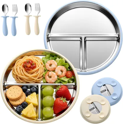 Image de Ensemble de vaisselle pour bébé comprenant 2 assiettes en acier inoxydable avec ventouse en silicone, 2 cuillères, 2 fourchettes, antidérapantes