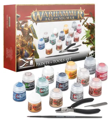 Obrázek produktu pro Barvicí sada Citadel Age of Sigmar Paints + Tools (13 barev, štětec, škrabka, kleště)