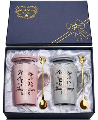 Immagine prodotto di Set di 2 tazze in Vetroceramica effetto marmo, capacità 14 once, per il 55° anniversario di matrimonio, con biglietto, cucchiaino e confezione regalo