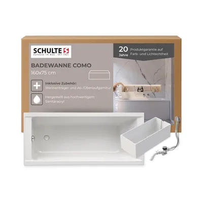 A product box for a bathtub, showing the bathtub itself and some of its features and specifications.