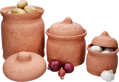 Produktbild von 3er Set Terra Tontöpfe mit Deckel aus Terrakotta Kartoffel Zwiebel Knoblauch